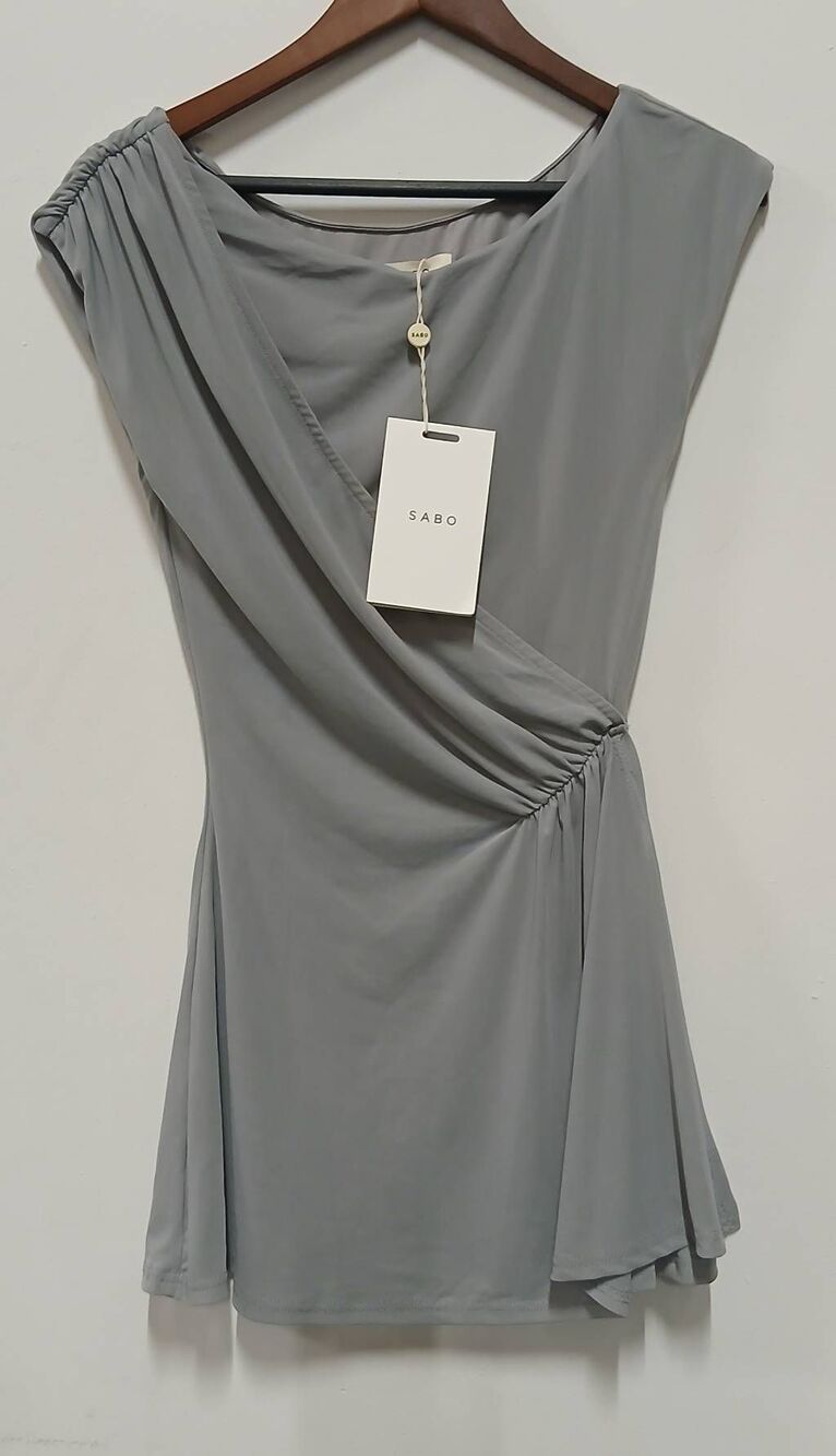 Sabo womens size 2 gray mini dress tulle smocked boat neck asymmetric